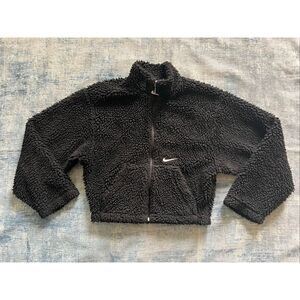 Nike Black White Sherpa Active Swoosh Cropped Faux Fur Jacket XS